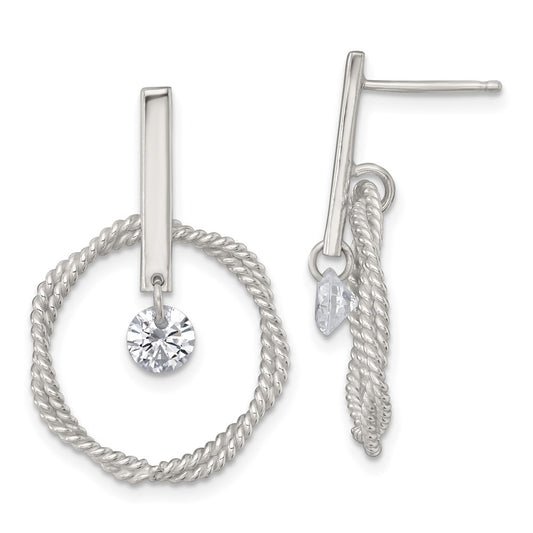 QE18008 Sterling Silver Polished Twisted Circle with Moveable White CZ Dangle Post Earrings