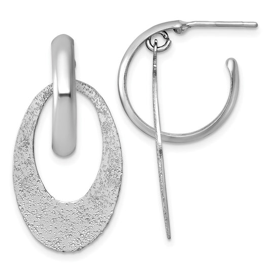 QE18010 Sterling Silver Rhodium-plated Polished and Brushed Oval Dangle C-Hoop Post Earrings