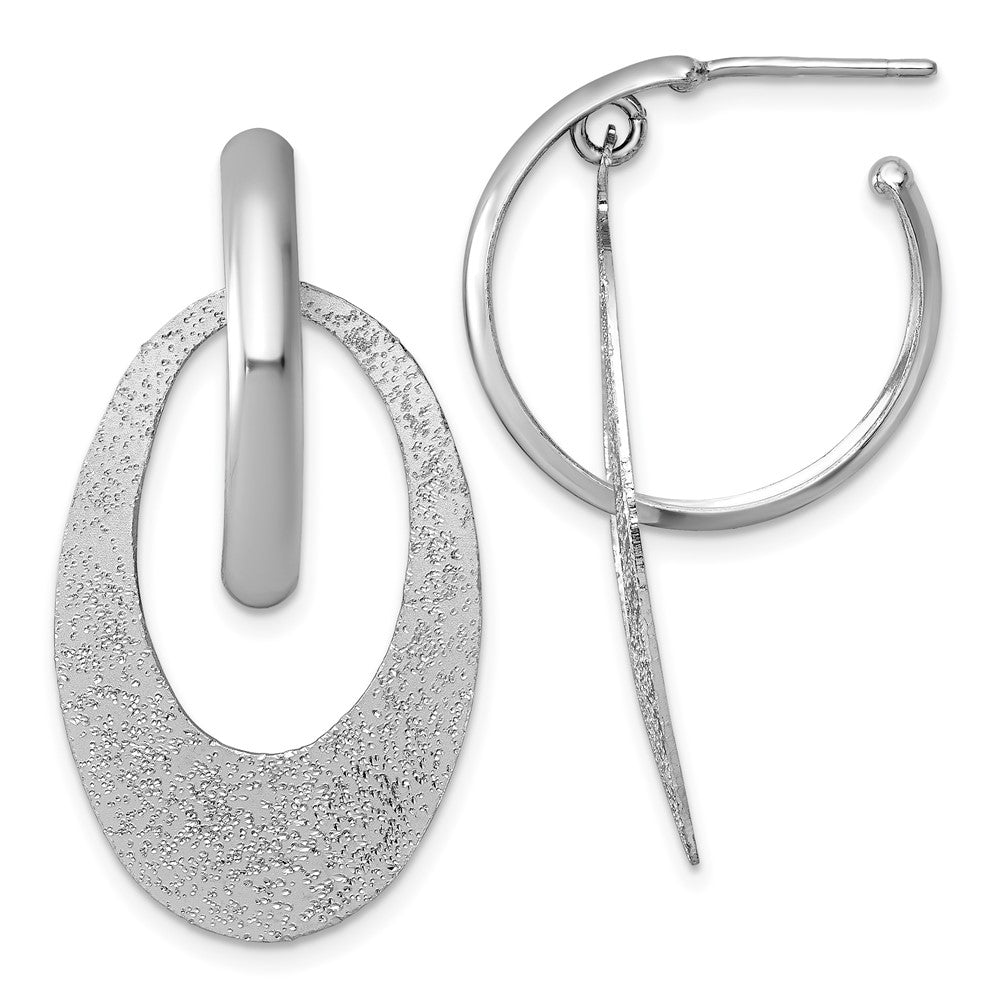 QE18011 Sterling Silver Rhodium-plated Polished and Brushed Oval Dangle C-Hoop Post Earrings