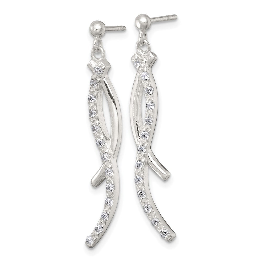 QE18022 Sterling Silver Polished Fancy CZ Swirl Post Dangle Earrings