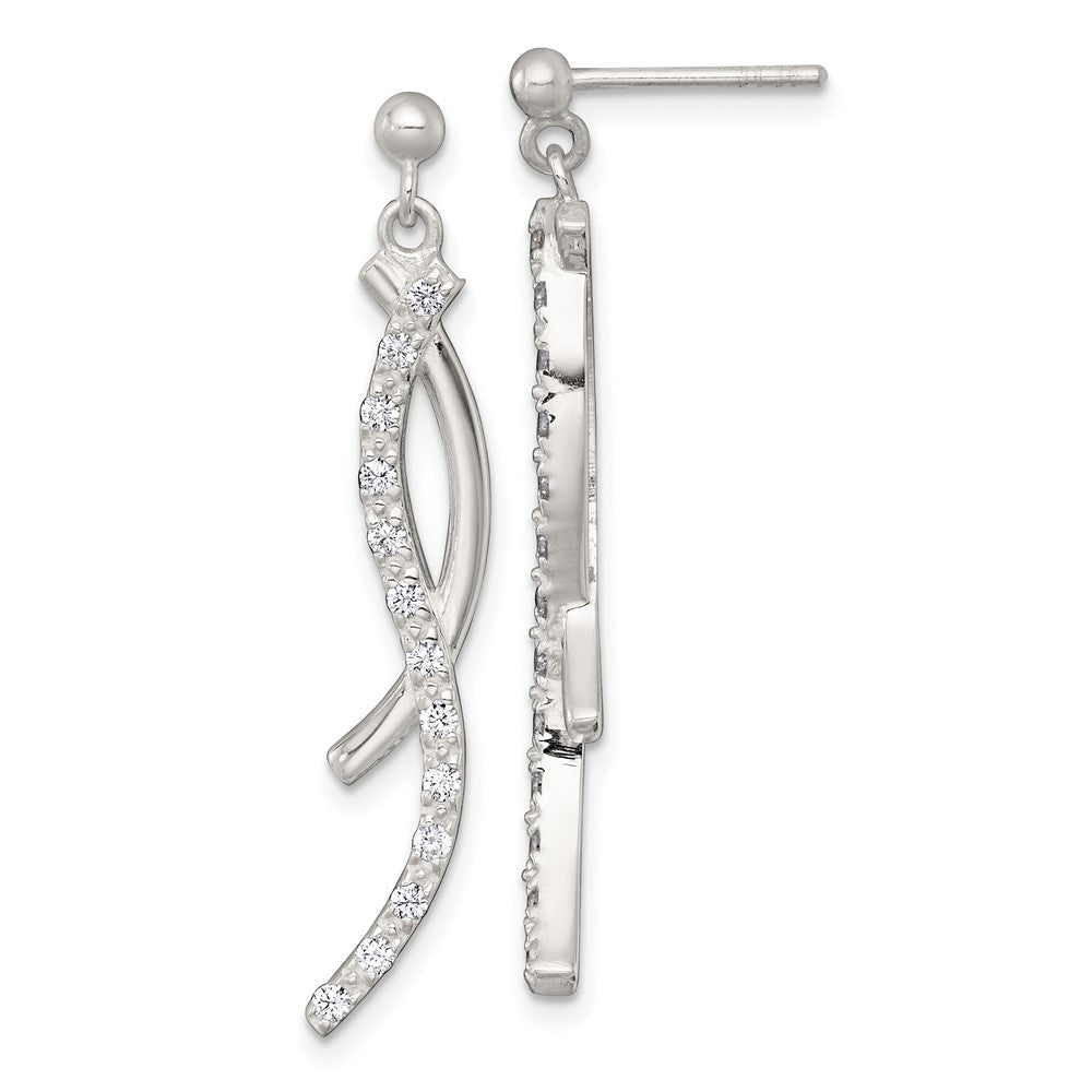 QE18022 Sterling Silver Polished Fancy CZ Swirl Post Dangle Earrings