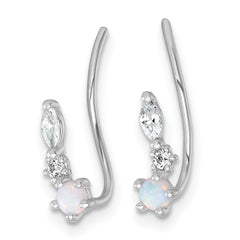 QE18026 Sterling Silver Rhodium-plated Polished CZ and Lab Created Opal Ear Climber Earrings