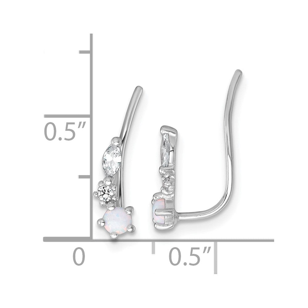 QE18026 Sterling Silver Rhodium-plated Polished CZ and Lab Created Opal Ear Climber Earrings