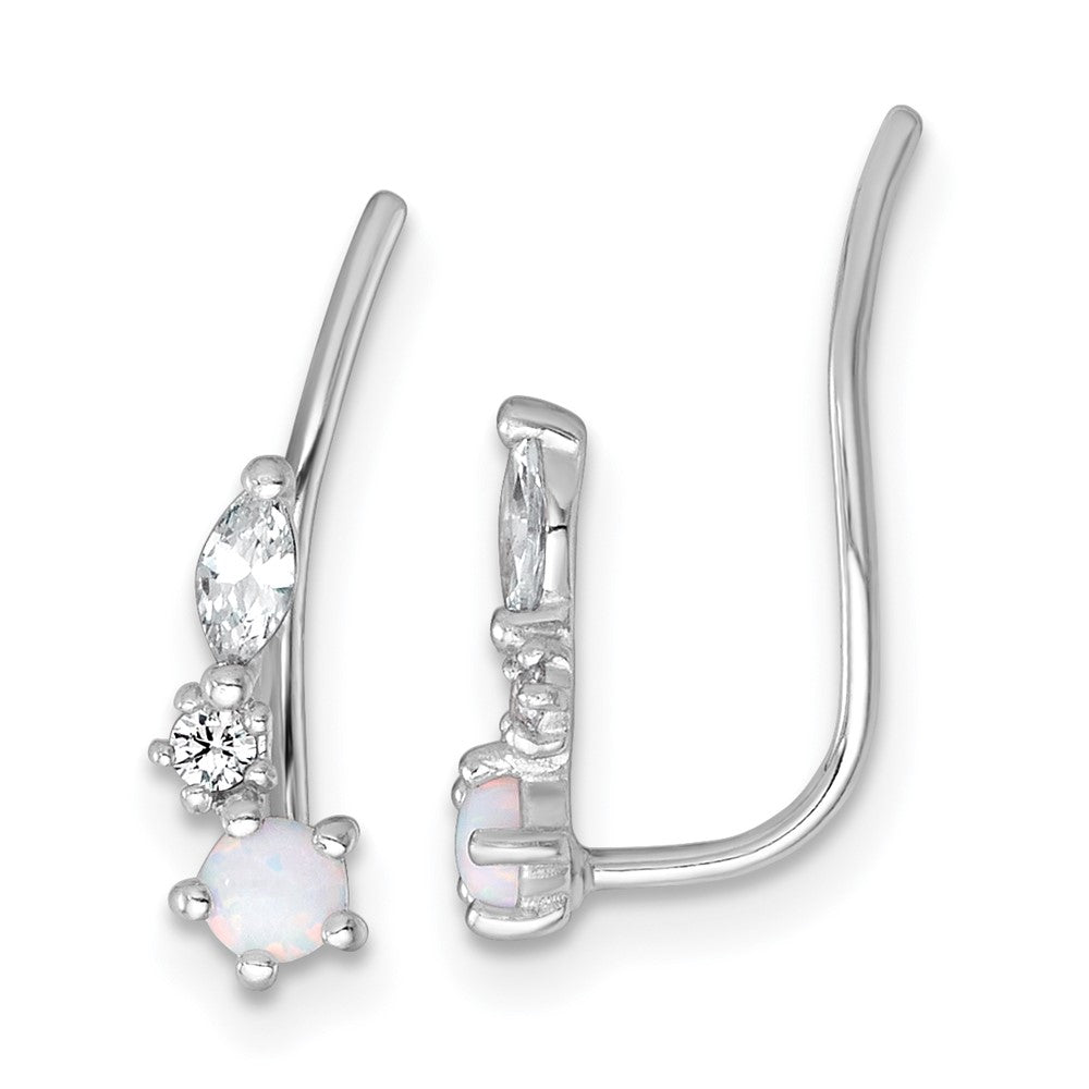 QE18026 Sterling Silver Rhodium-plated Polished CZ and Lab Created Opal Ear Climber Earrings