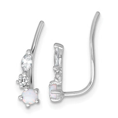 QE18026 Sterling Silver Rhodium-plated Polished CZ and Lab Created Opal Ear Climber Earrings