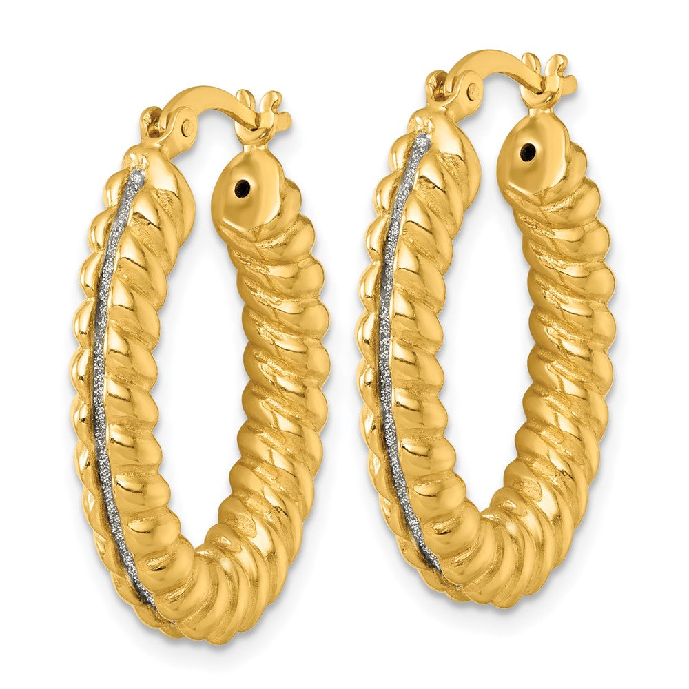 QE18031GP Sterling Silver Gold-tone Polished and Twisted Glitter Oval Hoop Earrings
