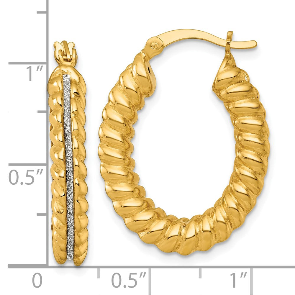 QE18031GP Sterling Silver Gold-tone Polished and Twisted Glitter Oval Hoop Earrings