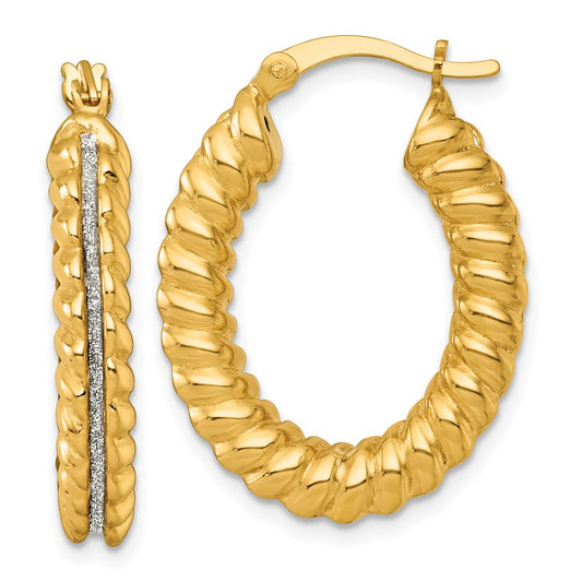 QE18031GP Sterling Silver Gold-tone Polished and Twisted Glitter Oval Hoop Earrings