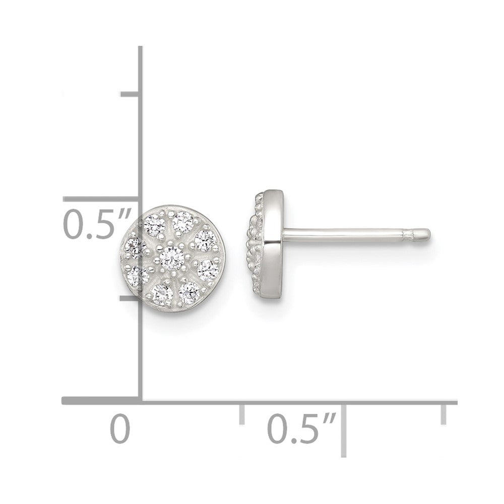 QE18043 Sterling Silver Polished White CZ Cluster 7.00mm Circle Post Earrings