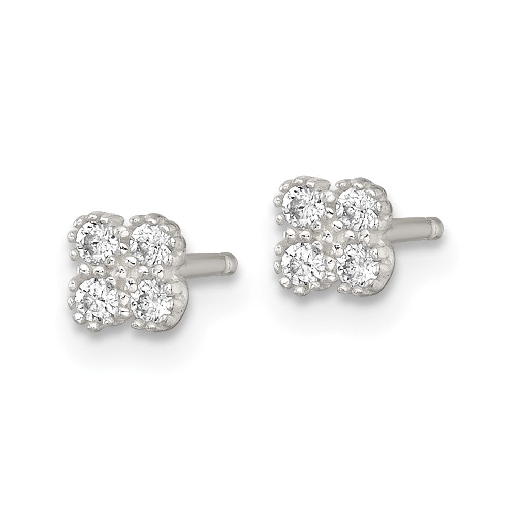 QE18045 Sterling Silver Polished Textured White CZ 4.3mm Quatrefoil Post Earrings