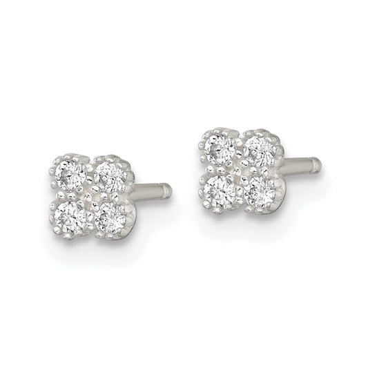 QE18045 Sterling Silver Polished Textured White CZ 4.3mm Quatrefoil Post Earrings