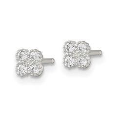 QE18045 Sterling Silver Polished Textured White CZ 4.3mm Quatrefoil Post Earrings