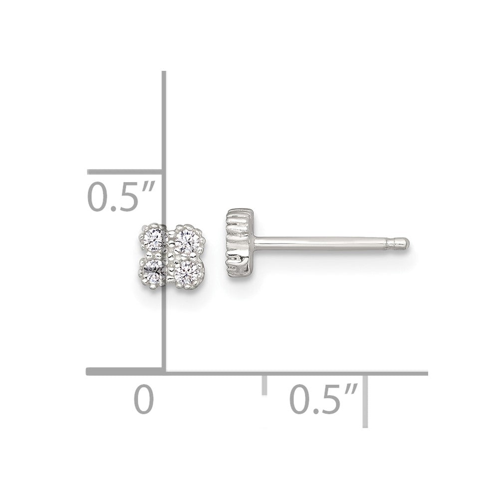 QE18045 Sterling Silver Polished Textured White CZ 4.3mm Quatrefoil Post Earrings