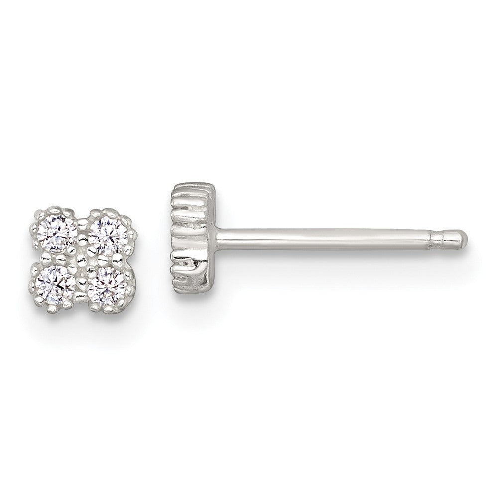 QE18045 Sterling Silver Polished Textured White CZ 4.3mm Quatrefoil Post Earrings
