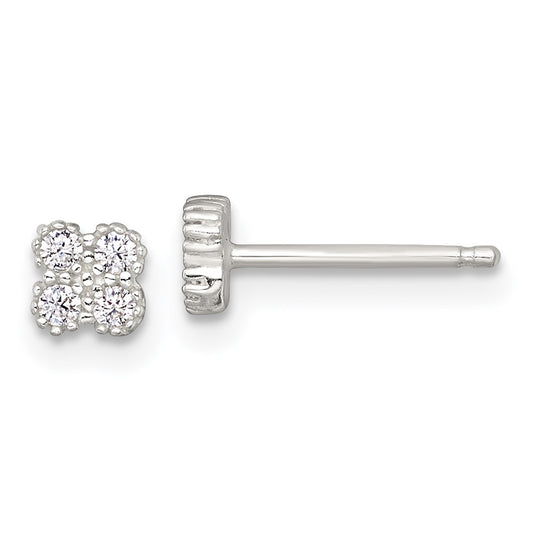 QE18045 Sterling Silver Polished Textured White CZ 4.3mm Quatrefoil Post Earrings