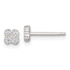 QE18045 Sterling Silver Polished Textured White CZ 4.3mm Quatrefoil Post Earrings