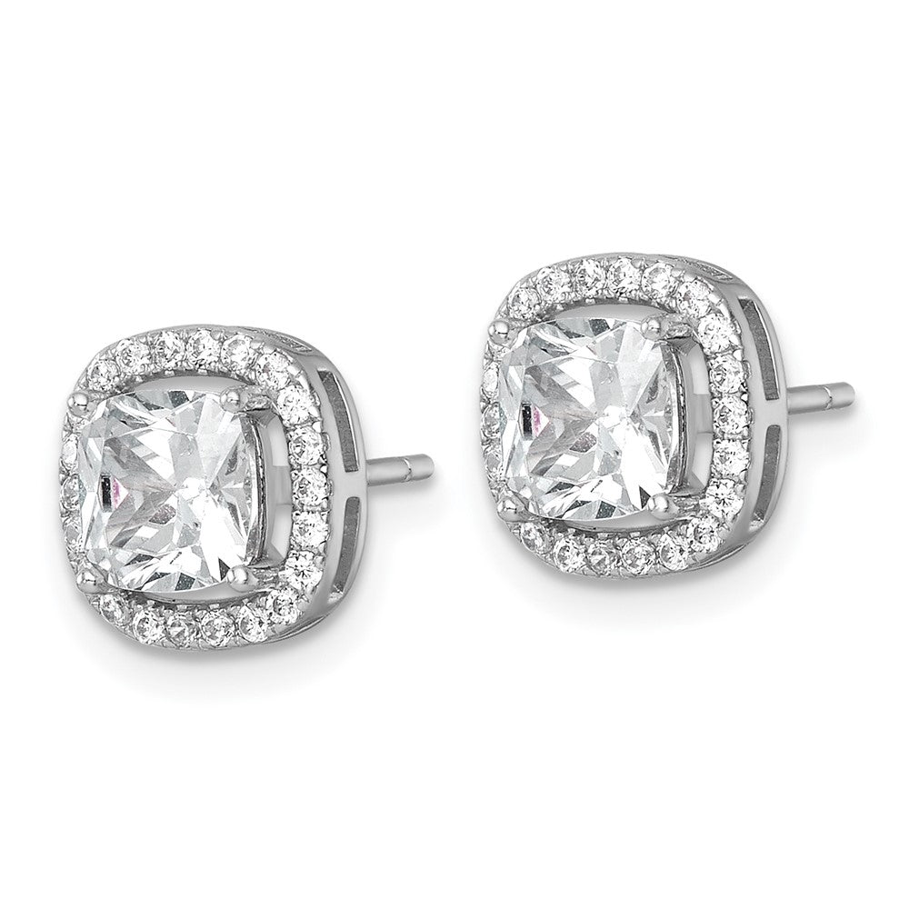 QE18047 Sterling Silver Rhodium-plated Polished 10.0mm Cushion CZ Halo Post Earrings