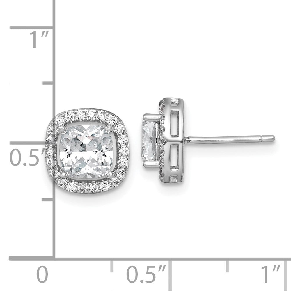 QE18047 Sterling Silver Rhodium-plated Polished 10.0mm Cushion CZ Halo Post Earrings