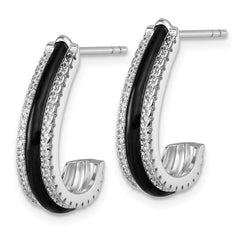 QE18048 Sterling Silver Rhodium-plated CZ with Black Enamel J-Hoop Post Earrings