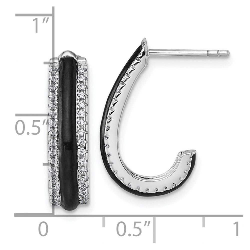 QE18048 Sterling Silver Rhodium-plated CZ with Black Enamel J-Hoop Post Earrings
