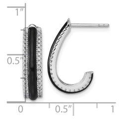QE18048 Sterling Silver Rhodium-plated CZ with Black Enamel J-Hoop Post Earrings