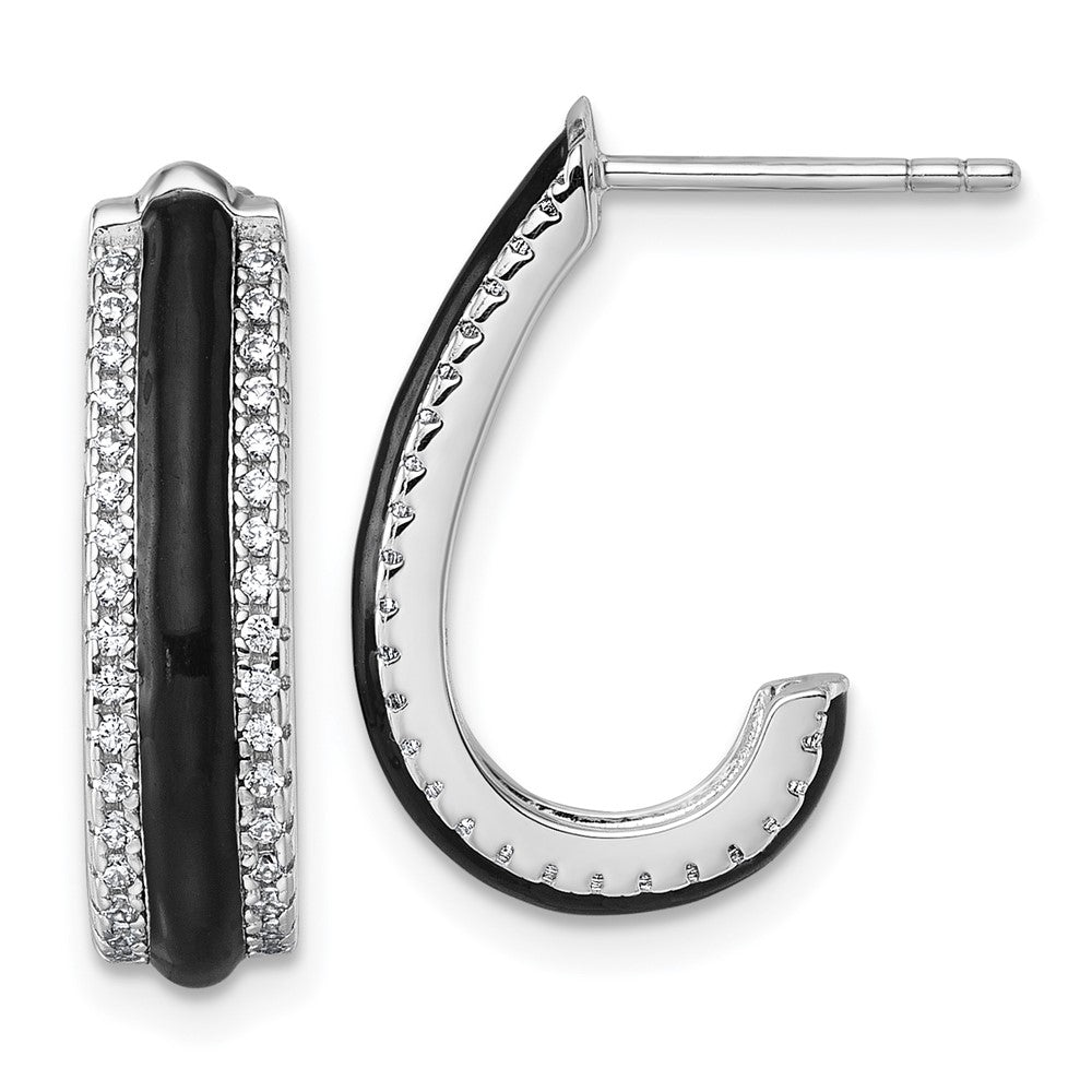 QE18048 Sterling Silver Rhodium-plated CZ with Black Enamel J-Hoop Post Earrings