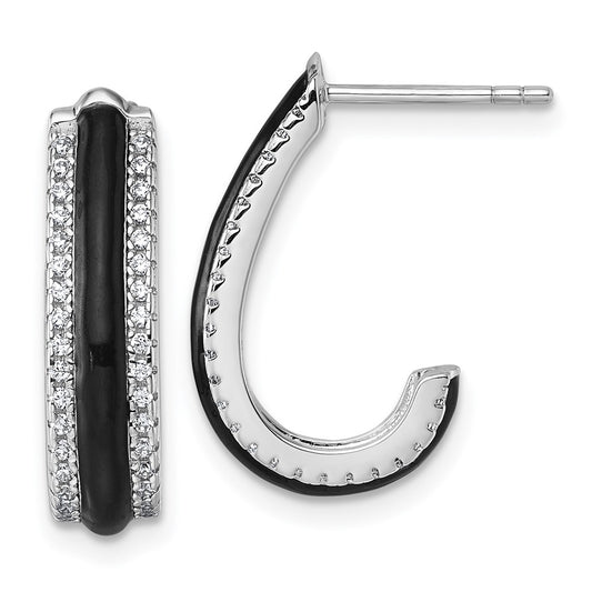 QE18048 Sterling Silver Rhodium-plated CZ with Black Enamel J-Hoop Post Earrings
