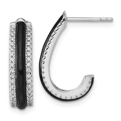 QE18048 Sterling Silver Rhodium-plated CZ with Black Enamel J-Hoop Post Earrings