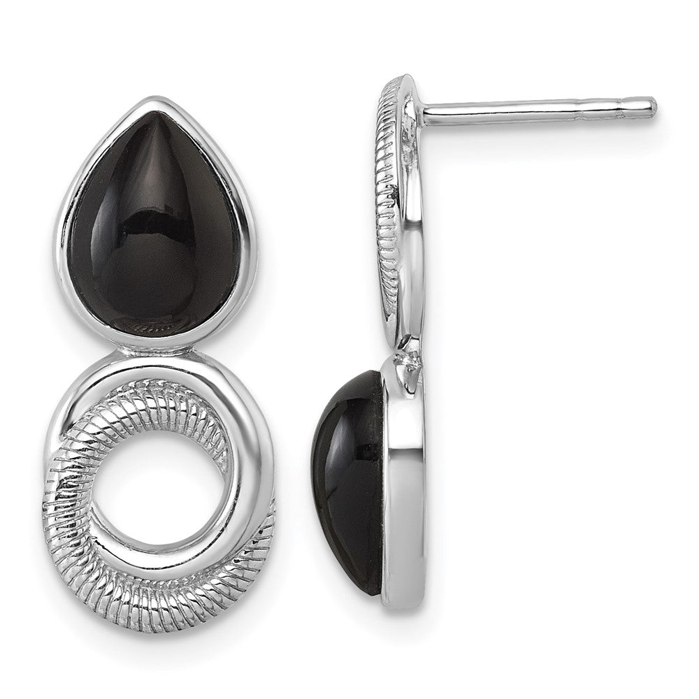 QE18049 Sterling Silver Rhodium-plated Polished Black Agate Teardrop and Circle Mis-Matched Post Earrings