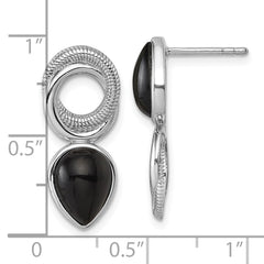QE18049 Sterling Silver Rhodium-plated Polished Black Agate Teardrop and Circle Mis-Matched Post Earrings