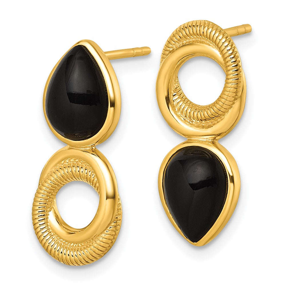 QE18049GP Sterling Silver Gold-tone Polished Black Agate Teardrop and Circle Mis-Matched Post Earrings