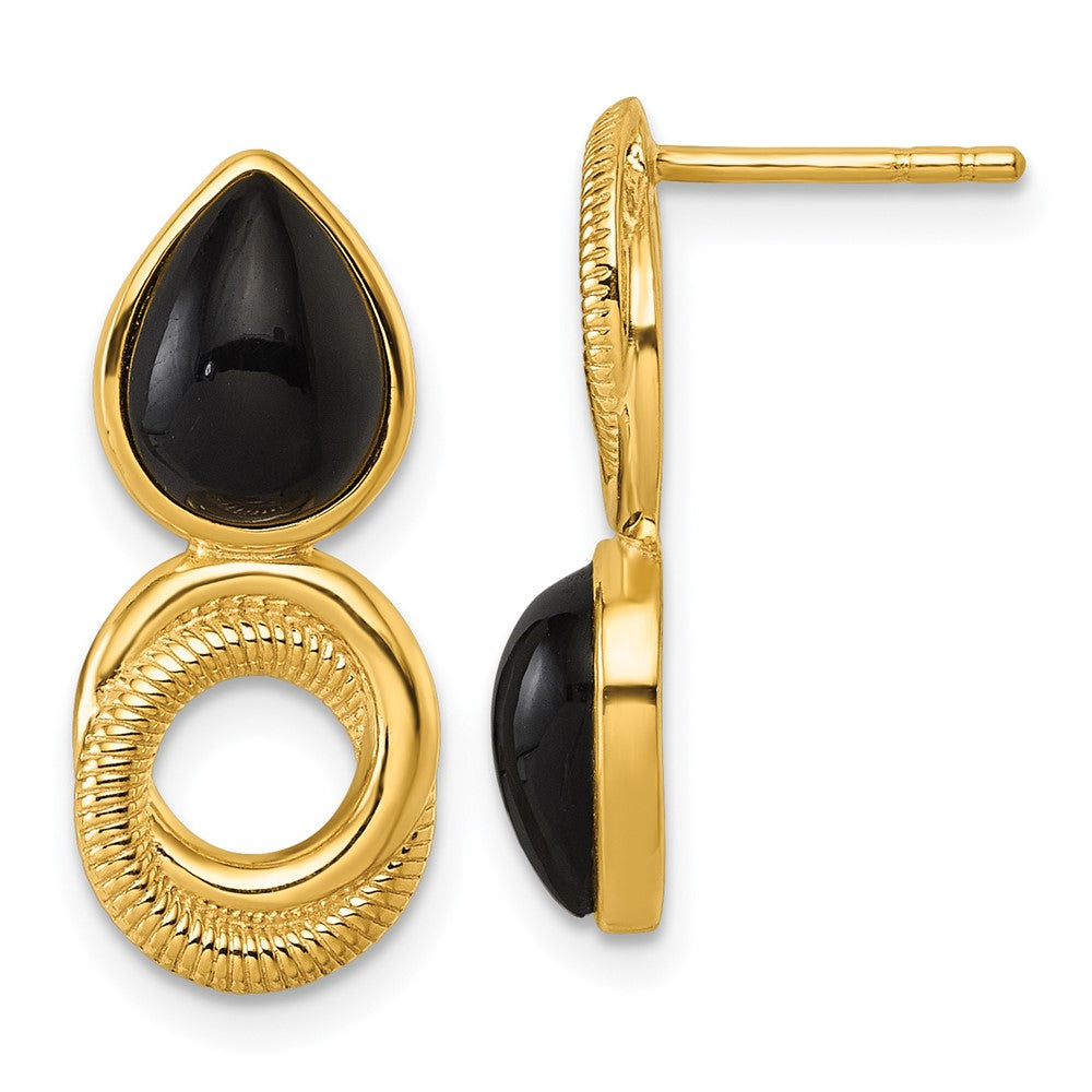 QE18049GP Sterling Silver Gold-tone Polished Black Agate Teardrop and Circle Mis-Matched Post Earrings