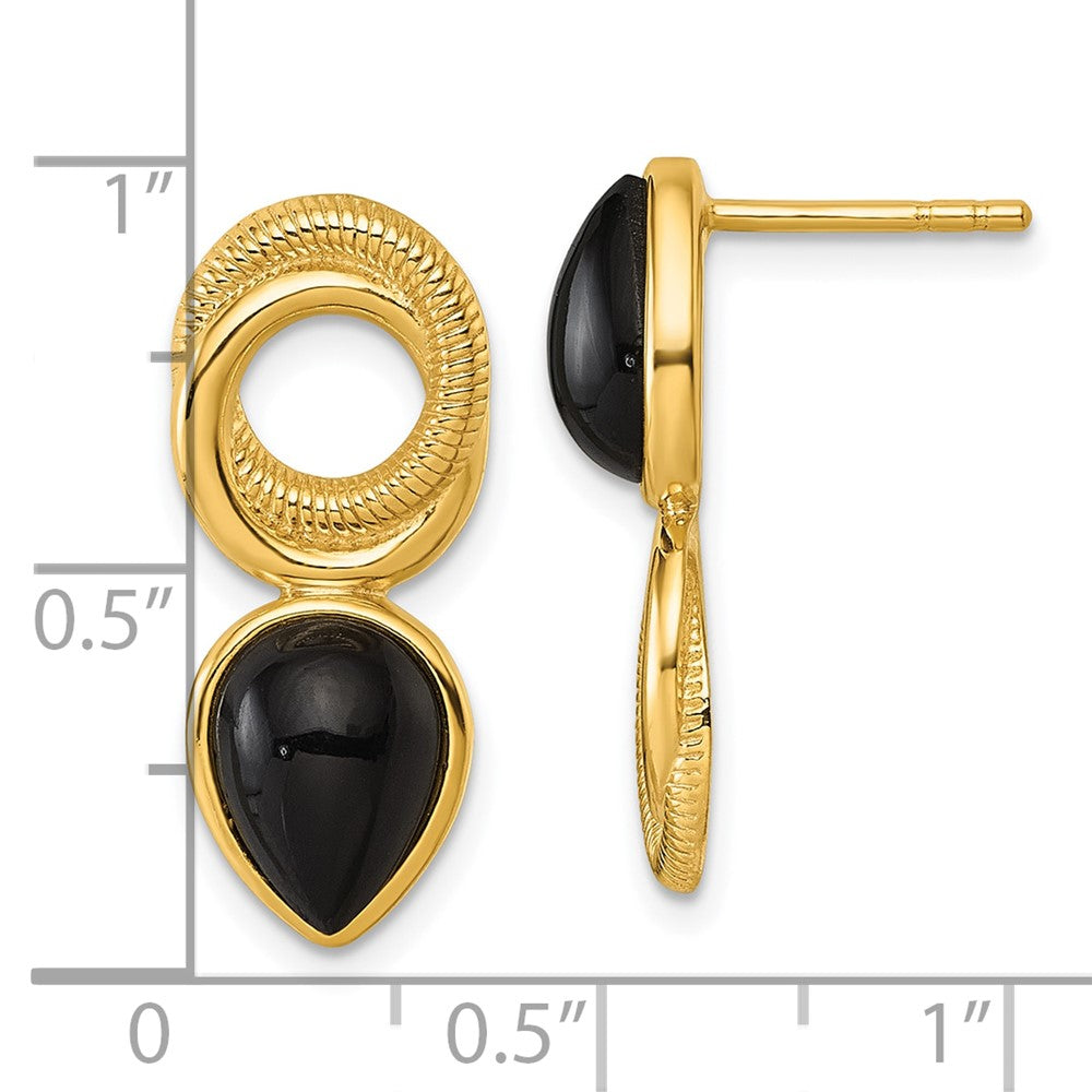 QE18049GP Sterling Silver Gold-tone Polished Black Agate Teardrop and Circle Mis-Matched Post Earrings