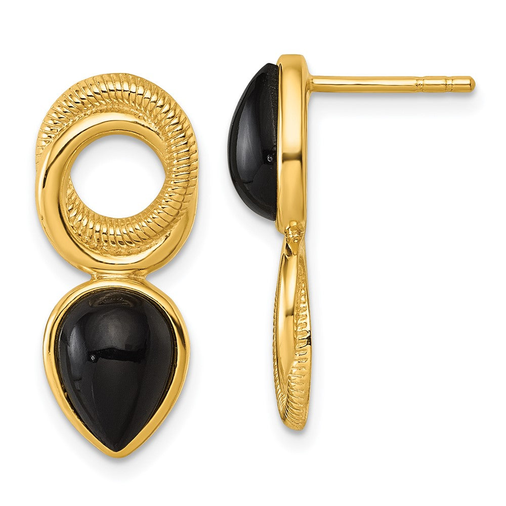 QE18049GP Sterling Silver Gold-tone Polished Black Agate Teardrop and Circle Mis-Matched Post Earrings