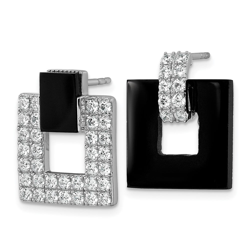 QE18050 Sterling Silver Rhodium-plated Polished CZ and Black Agate Square Dangle Mis-Matched Post Earrings