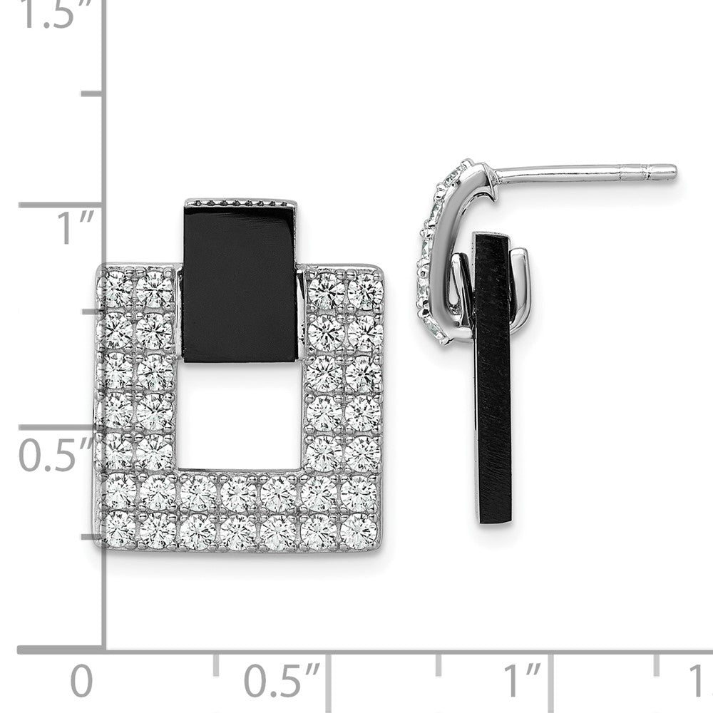 QE18050 Sterling Silver Rhodium-plated Polished CZ and Black Agate Square Dangle Mis-Matched Post Earrings