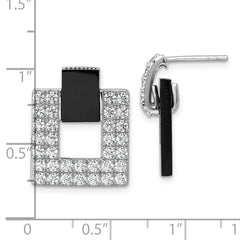 QE18050 Sterling Silver Rhodium-plated Polished CZ and Black Agate Square Dangle Mis-Matched Post Earrings