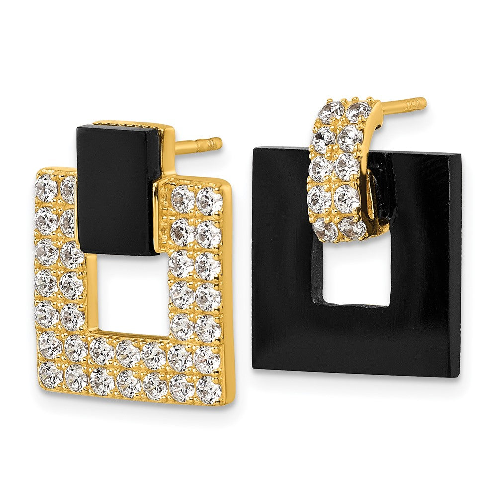 QE18050GP Sterling Silver Gold-tone Polished CZ and Black Agate Square Dangle Mis-Matched Post Earrings