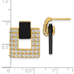 QE18050GP Sterling Silver Gold-tone Polished CZ and Black Agate Square Dangle Mis-Matched Post Earrings