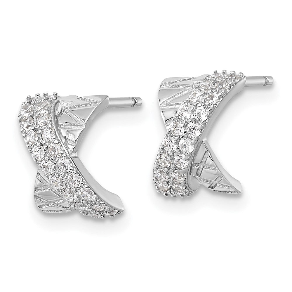QE18055 Sterling Silver Rhodium-plated Polished and Grooved -X- CZ Post Earrings