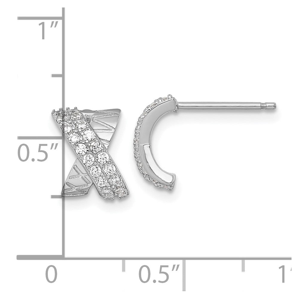 QE18055 Sterling Silver Rhodium-plated Polished and Grooved -X- CZ Post Earrings