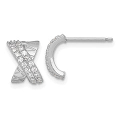 QE18055 Sterling Silver Rhodium-plated Polished and Grooved -X- CZ Post Earrings