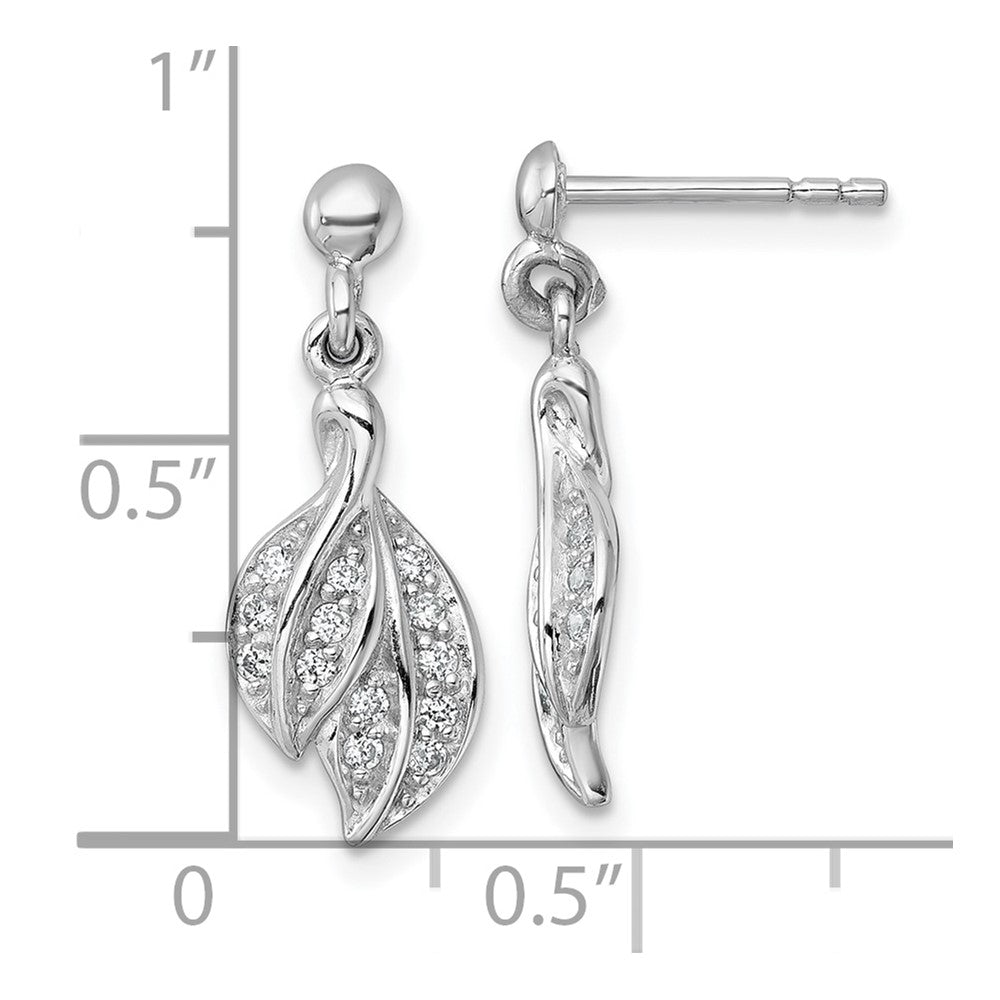 QE18058 Sterling Silver Rhodium-plated Polished CZ Leaf Dangle Post Earrings