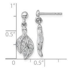 QE18058 Sterling Silver Rhodium-plated Polished CZ Leaf Dangle Post Earrings