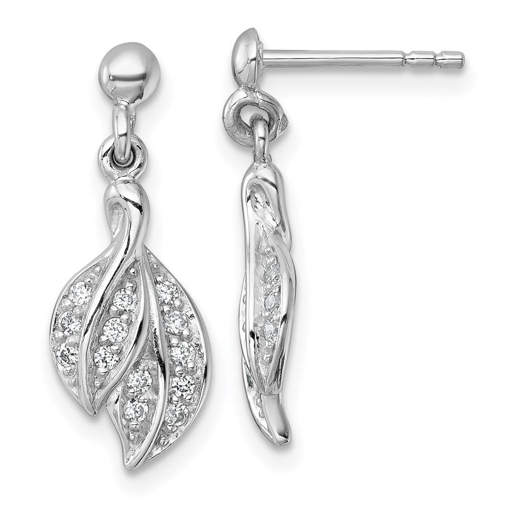 QE18058 Sterling Silver Rhodium-plated Polished CZ Leaf Dangle Post Earrings