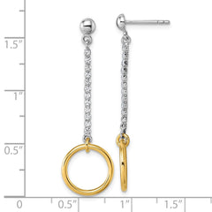 QE18063 Sterling Silver Rhodium and Gold-plated CZ Circle Dangle Post Earrings
