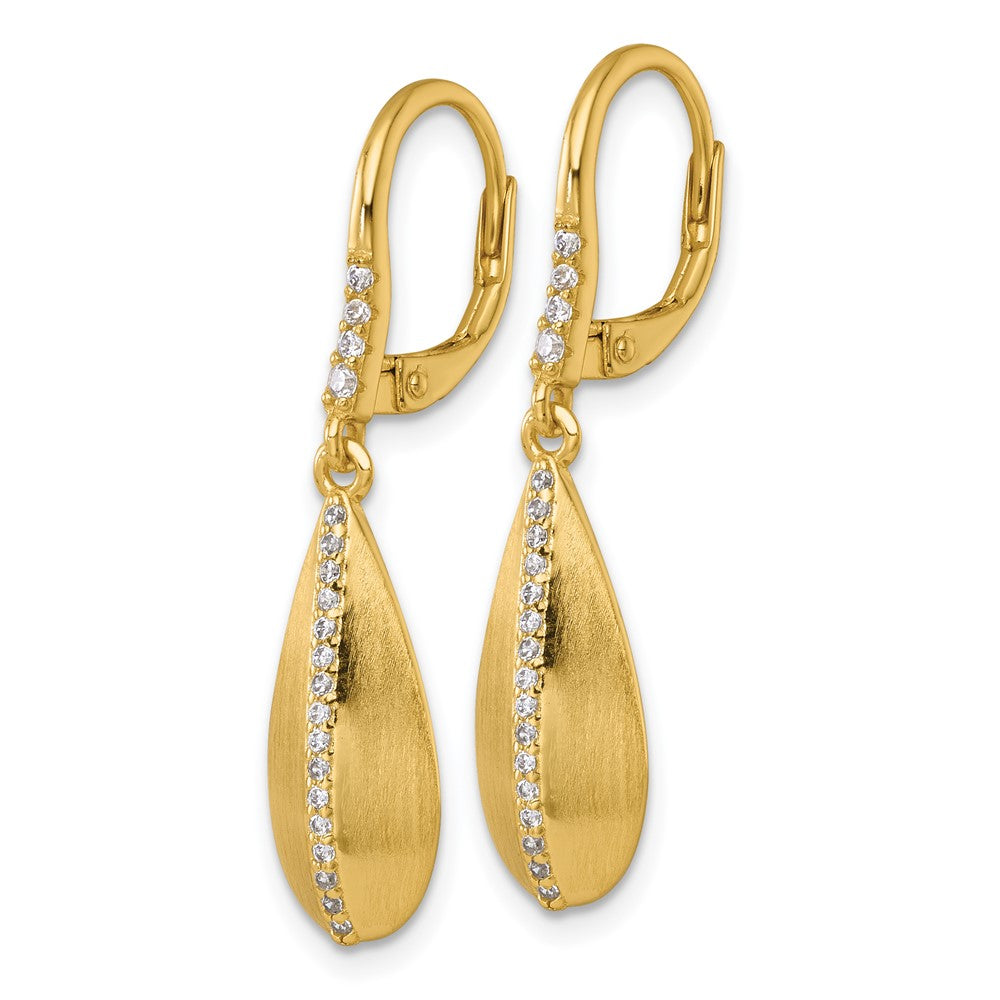 QE18064GP Sterling Silver Gold-tone Polished and Brushed CZ Teardrop Leverback Dangle Earrings