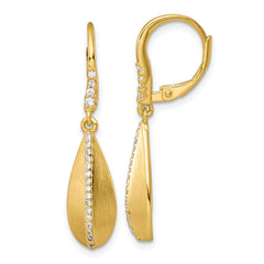 QE18064GP Sterling Silver Gold-tone Polished and Brushed CZ Teardrop Leverback Dangle Earrings
