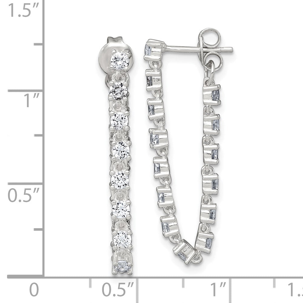 QE18066 Sterling Silver Polished CZ Line Front and Back Post Dangle Earrings