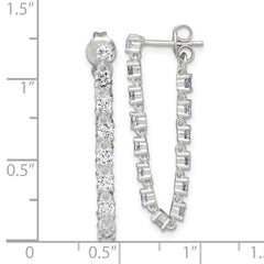 QE18066 Sterling Silver Polished CZ Line Front and Back Post Dangle Earrings